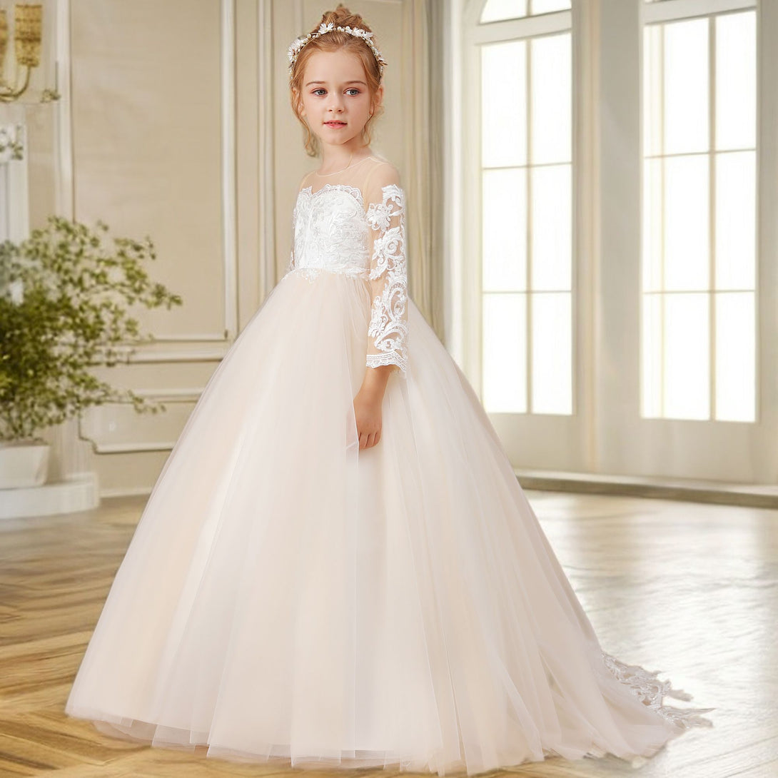 Ball Gown Long Sleeve Scoop Neck Floor-Length Lace/Tulle Flower Girl Dresses/First Communion Dress With Appliques Gidiondress