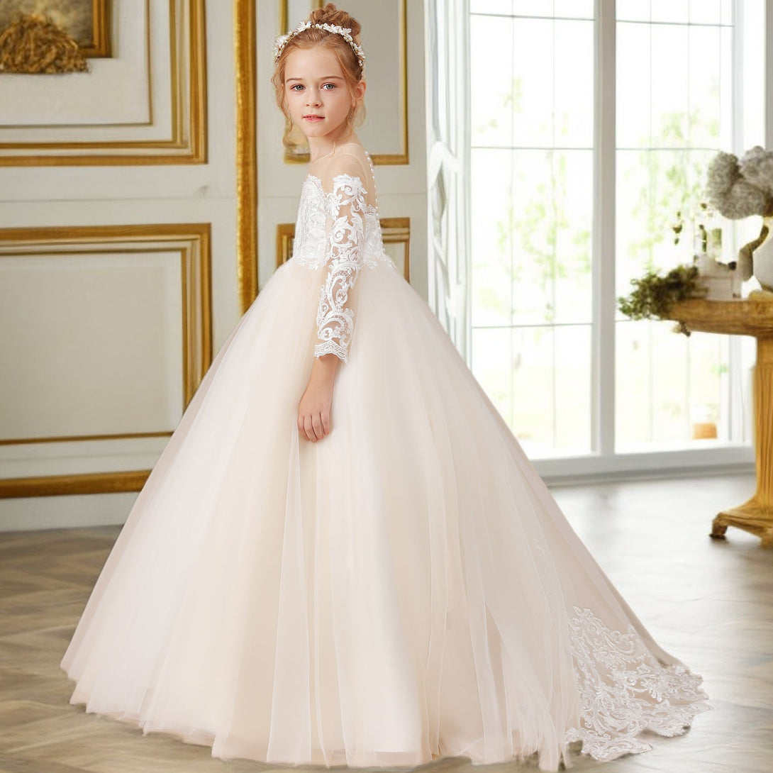 Ball Gown Long Sleeve Scoop Neck Floor-Length Lace/Tulle Flower Girl Dresses/First Communion Dress With Appliques Gidiondress