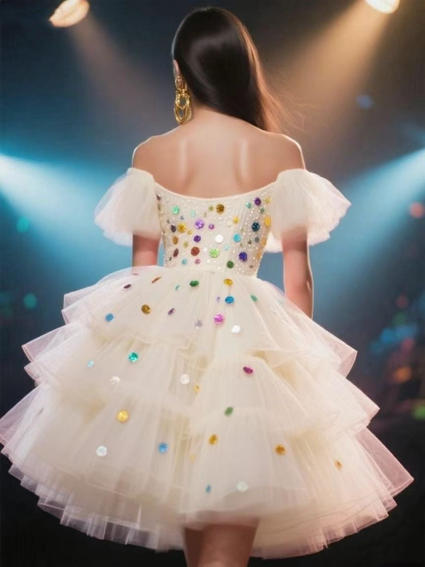 Fashionable Off-Shoulder Tulle Dress with Colorful Sequins for Women Cute Homecoming Dresses Short Prom Dress Party Dress BabaMila