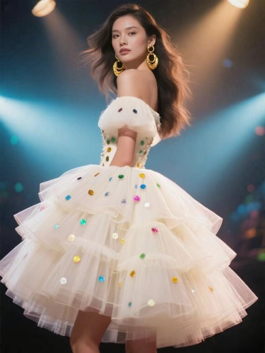 Fashionable Off-Shoulder Tulle Dress with Colorful Sequins for Women Cute Homecoming Dresses Short Prom Dress Party Dress BabaMila