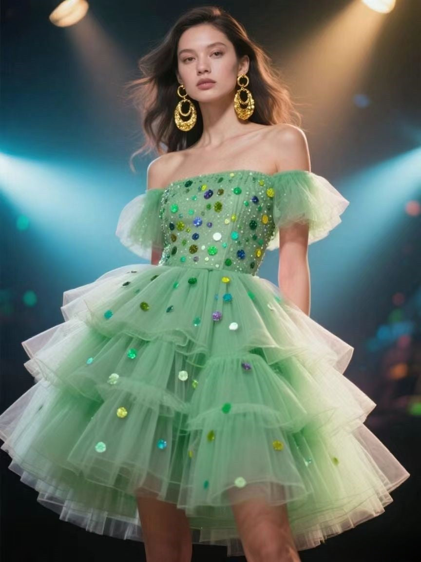 Women's Off-Shoulder Tulle Dress Cute Homecoming Dresses Short Prom Dress BabaMila