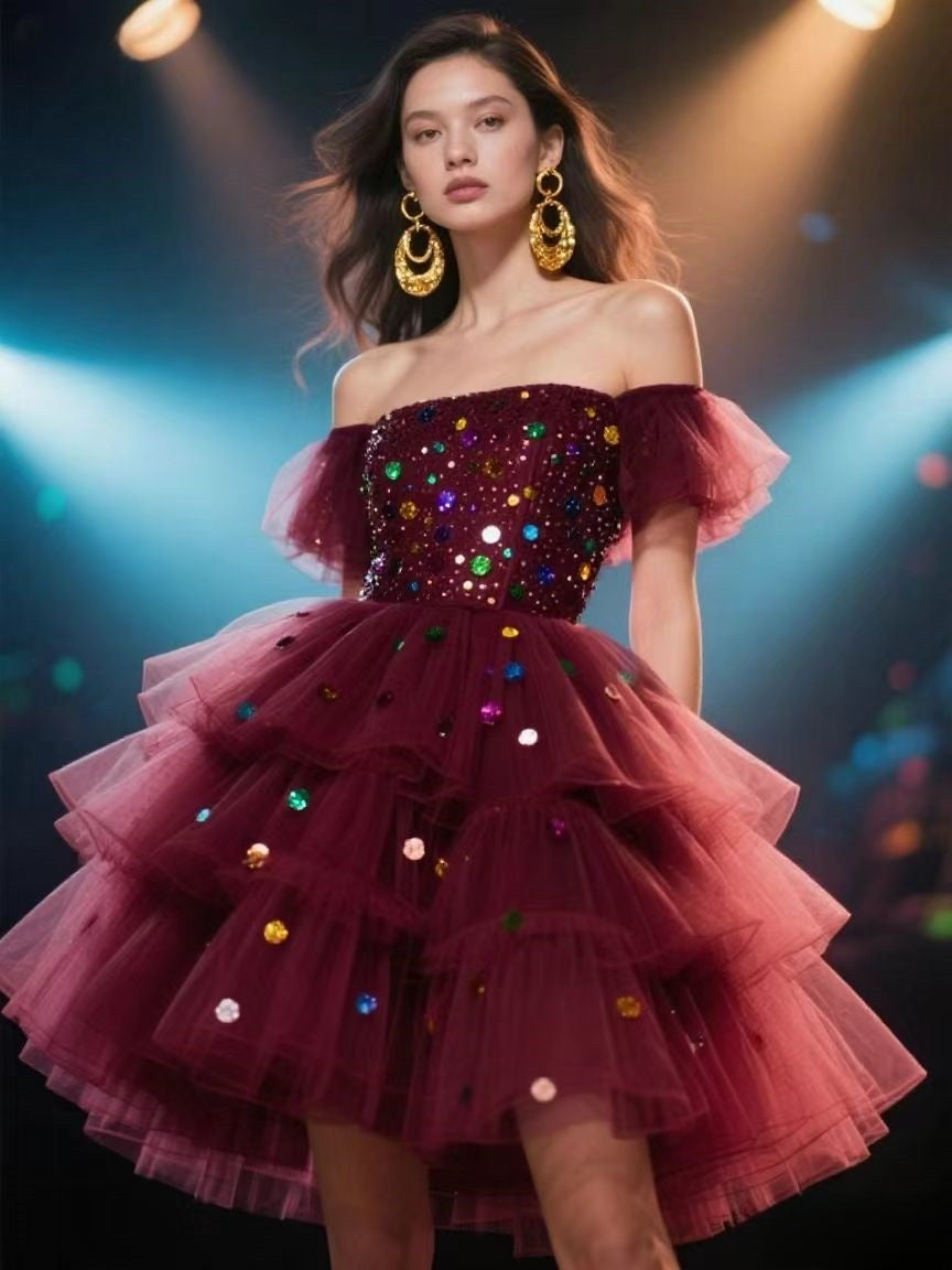 Women's Off-Shoulder Tulle Dress Cute Homecoming Dresses Short Prom Dress BabaMila