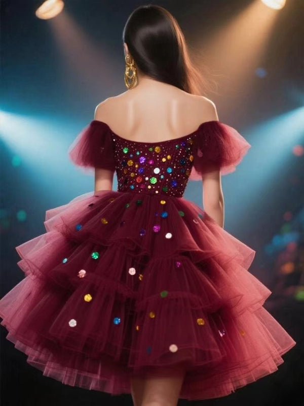 Women's Off-Shoulder Tulle Dress Cute Homecoming Dresses Short Prom Dress BabaMila