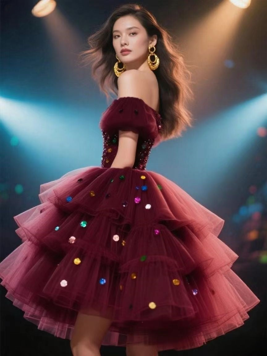 Women's Off-Shoulder Tulle Dress Cute Homecoming Dresses Short Prom Dress BabaMila