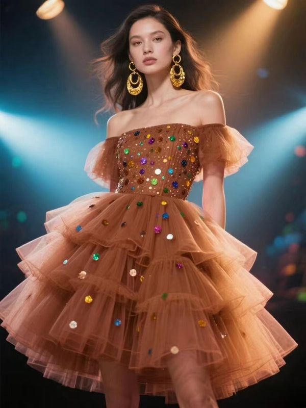 Women's Off-Shoulder Cocktail Dress with Sequined Details Cute Homecoming Dresses Short Prom Dress BabaMila