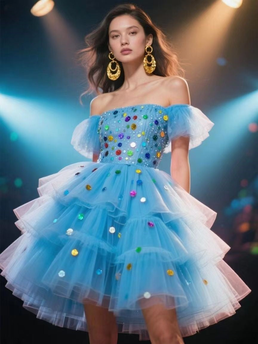 Fashionable Off-Shoulder Tulle Dress with Colorful Sequins for Women Cute Homecoming Dresses Short Prom Dress Party Dress BabaMila