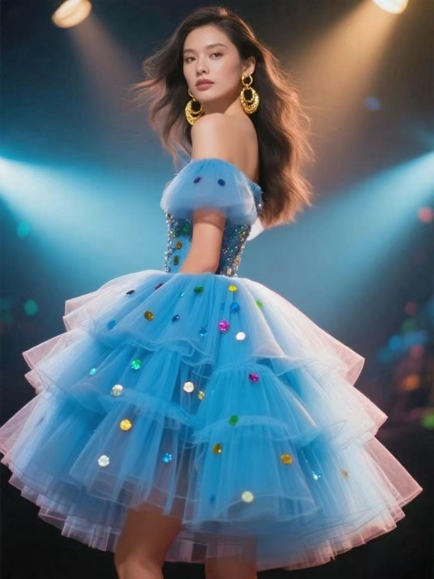 Fashionable Off-Shoulder Tulle Dress with Colorful Sequins for Women Cute Homecoming Dresses Short Prom Dress Party Dress BabaMila