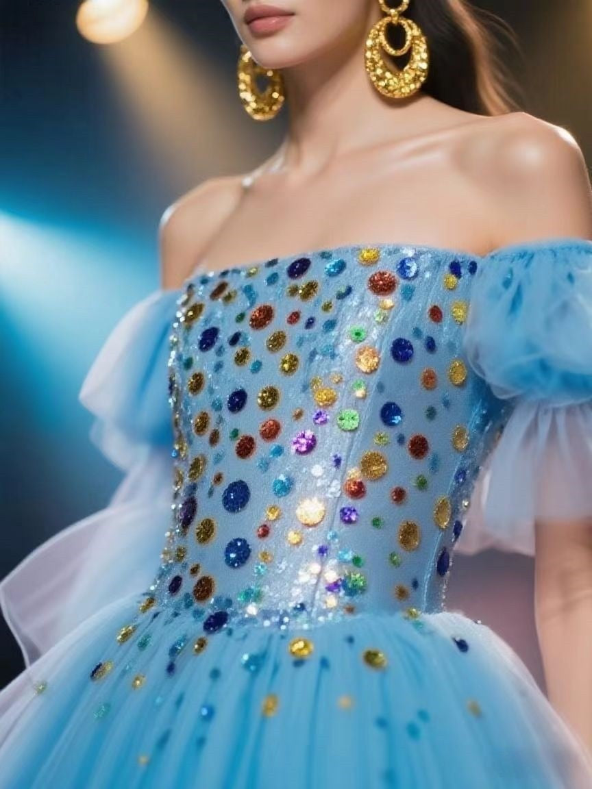 Fashionable Off-Shoulder Tulle Dress with Colorful Sequins for Women Cute Homecoming Dresses Short Prom Dress Party Dress BabaMila