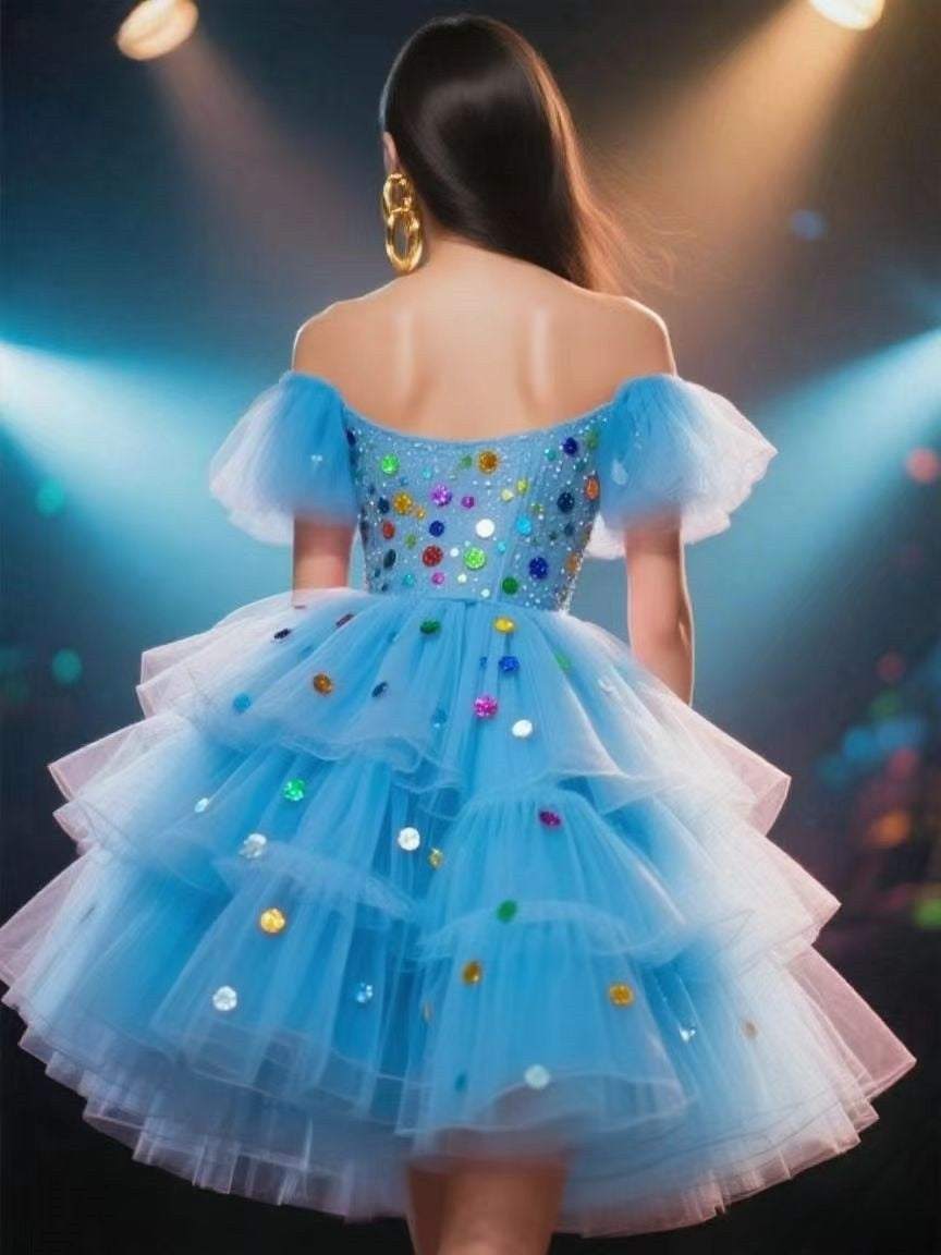 Fashionable Off-Shoulder Tulle Dress with Colorful Sequins for Women Cute Homecoming Dresses Short Prom Dress Party Dress BabaMila