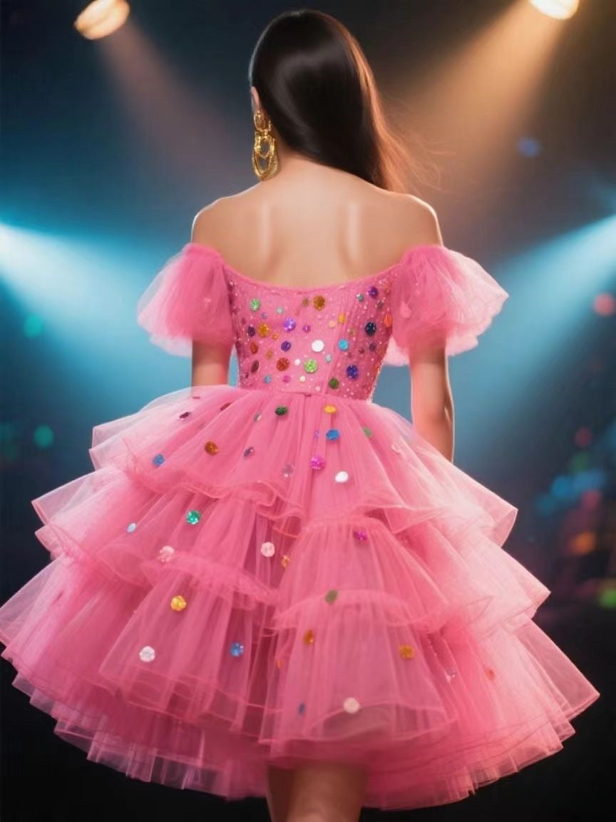 Fashionable Off-Shoulder Tulle Dress with Colorful Sequins for Women Cute Homecoming Dresses Short Prom Dress Party Dress BabaMila
