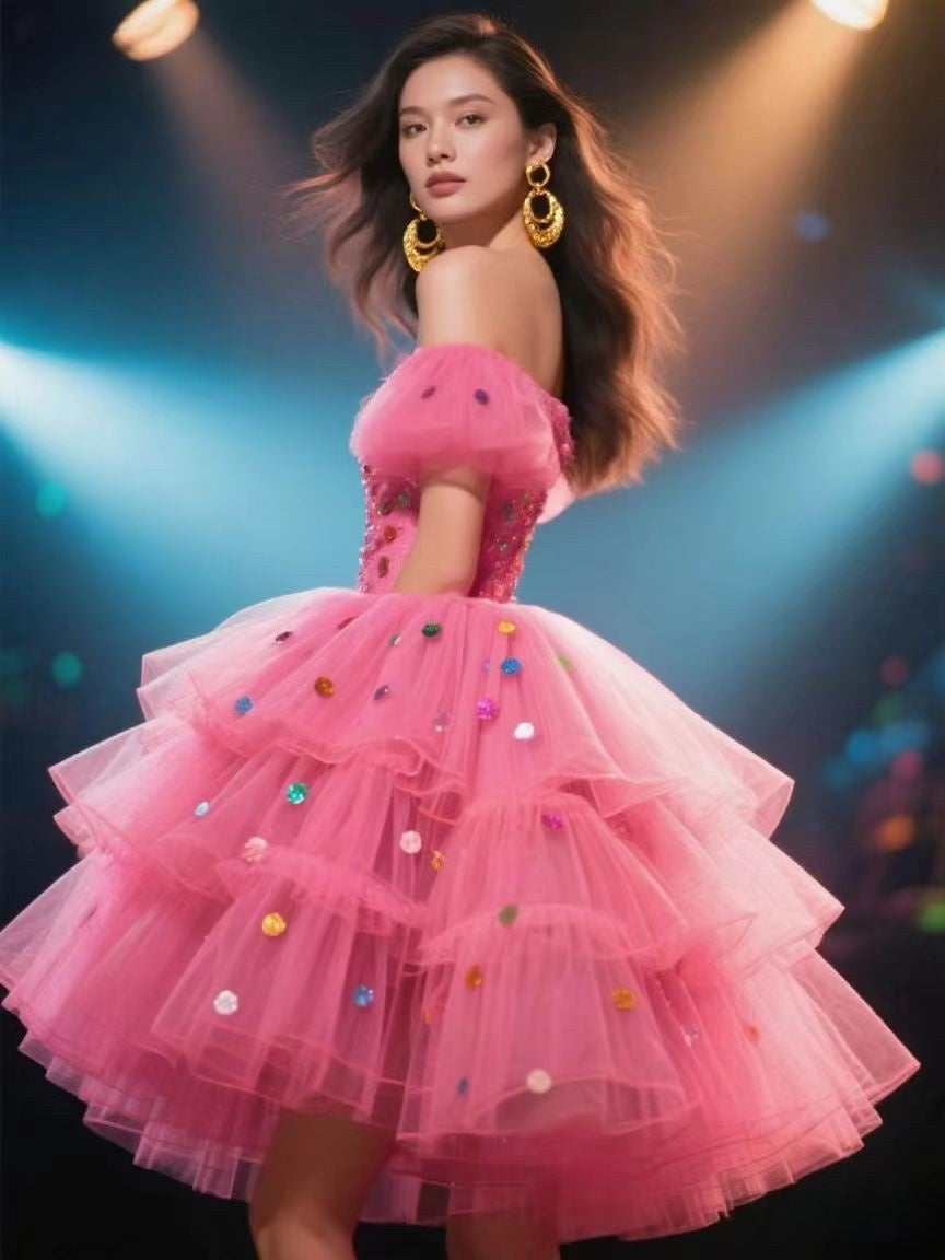 Fashionable Off-Shoulder Tulle Dress with Colorful Sequins for Women Cute Homecoming Dresses Short Prom Dress Party Dress BabaMila