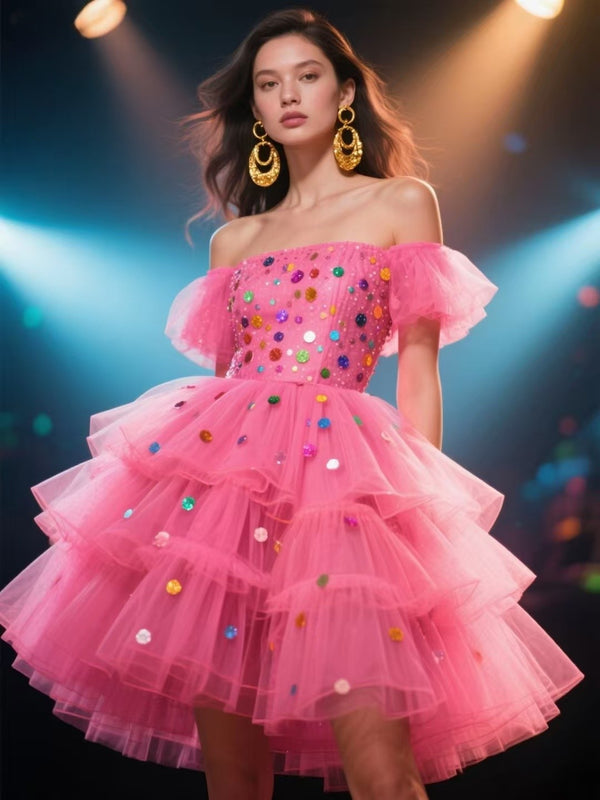 Fashionable Off-Shoulder Tulle Dress with Colorful Sequins for Women Cute Homecoming Dresses Short Prom Dress Party Dress BabaMila