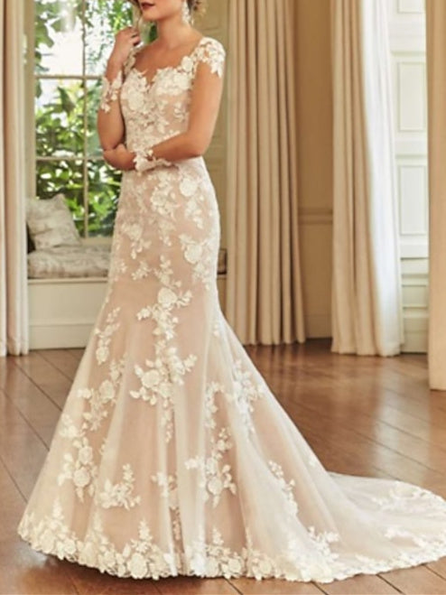 Mermaid/Trumpet Illusion Neck Long Sleeve Wedding Dresses Court Train with Embroidery BabaMila