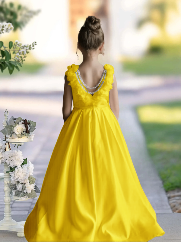 Flower Girl Dresses A-Line Sleeveless Floor-Length Satin First Communion Dresses 3D Flower Gidiondress Yellow 12M