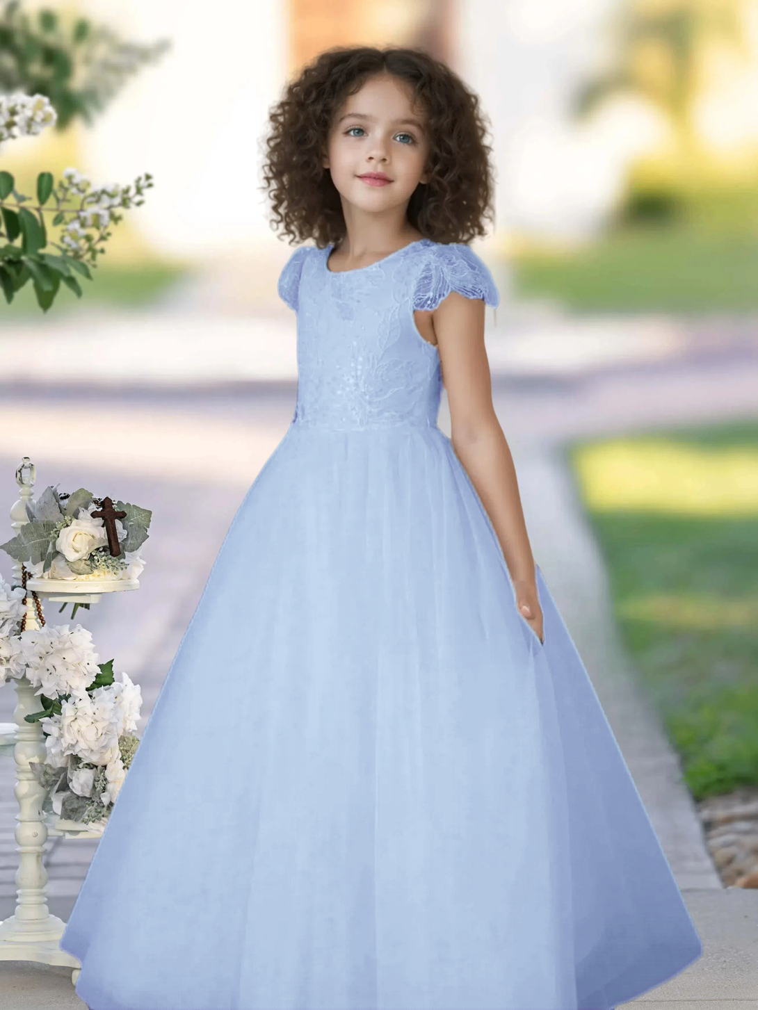 Flower Girl Dresses/Ball Gown Cap Sleeve Floor-Length Satin/Lace/Tulle First Communion Dresses Gidiondress Sky Blue 12M