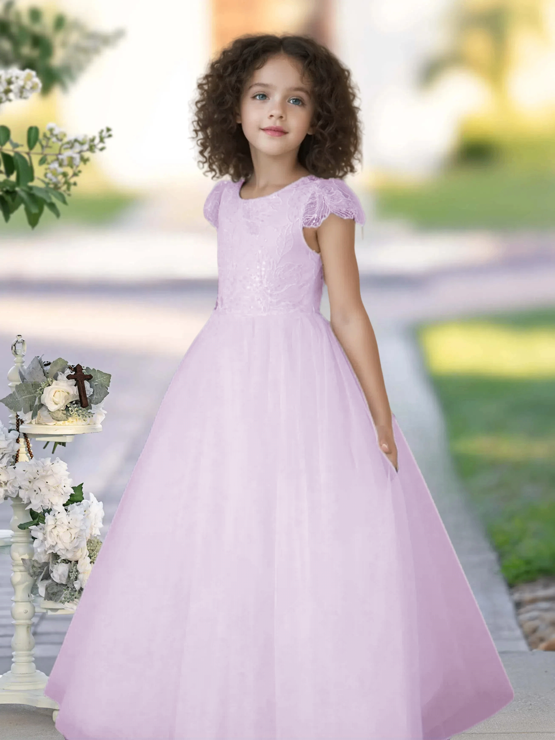 Flower Girl Dresses/Ball Gown Cap Sleeve Floor-Length Satin/Lace/Tulle First Communion Dresses Gidiondress Blushing pink 12M