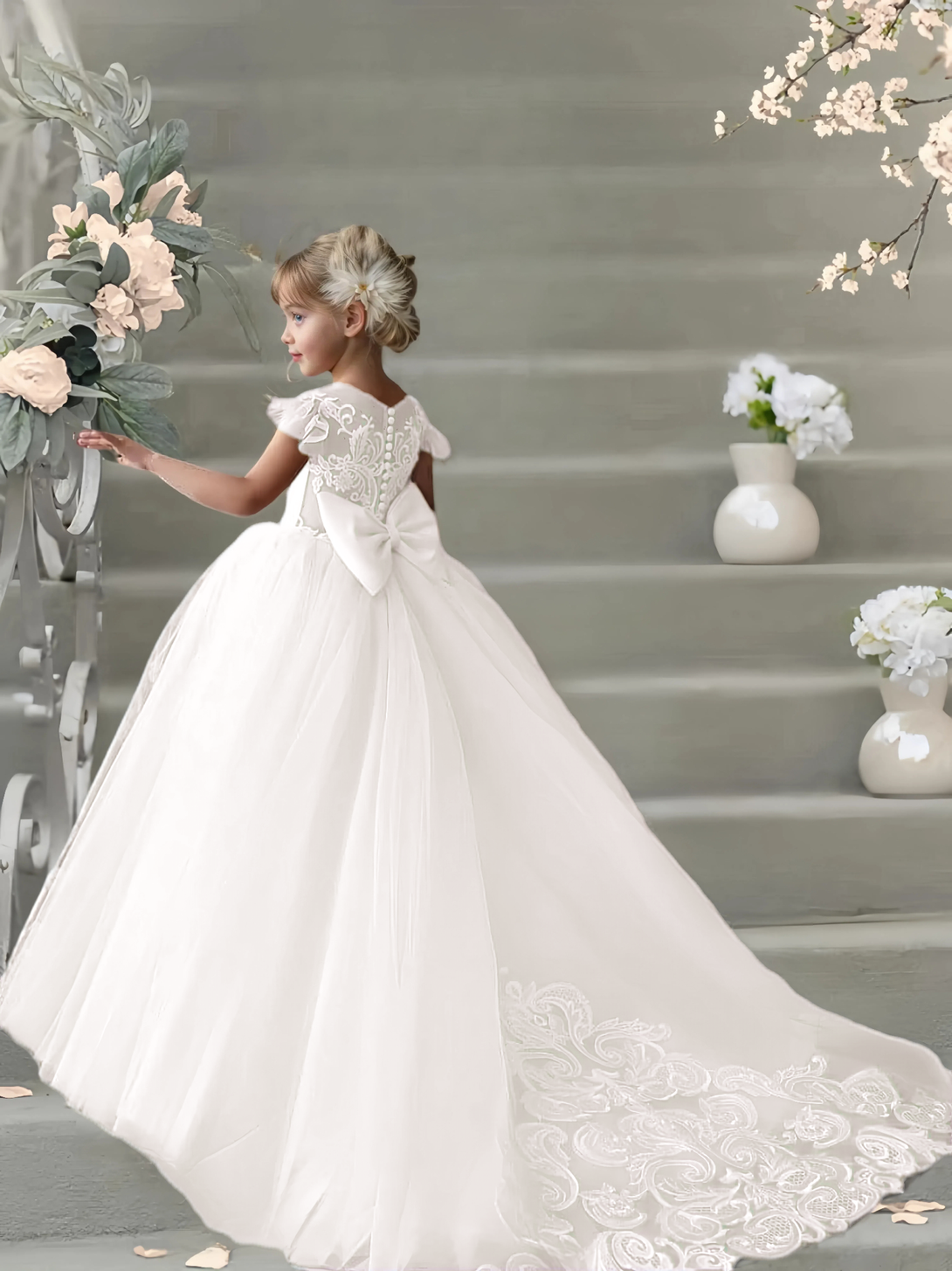 Flower Girls Dresses Sleeveless For Weddings Lace Appliques Ball Gown Birthday Girl Communion Pageant Gowns Light Champagne With Bow Girls Gidiondress