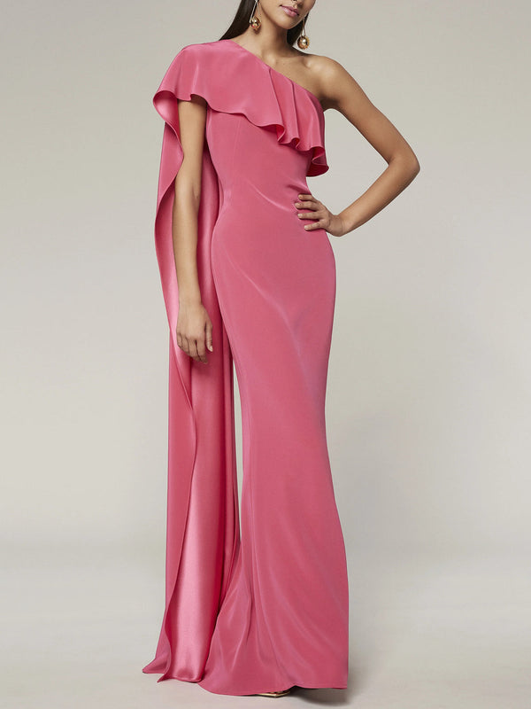 Sheath/Column One-Shoulder Sleeveless Floor-Length Evening Dress with Watteau Train BabaMila