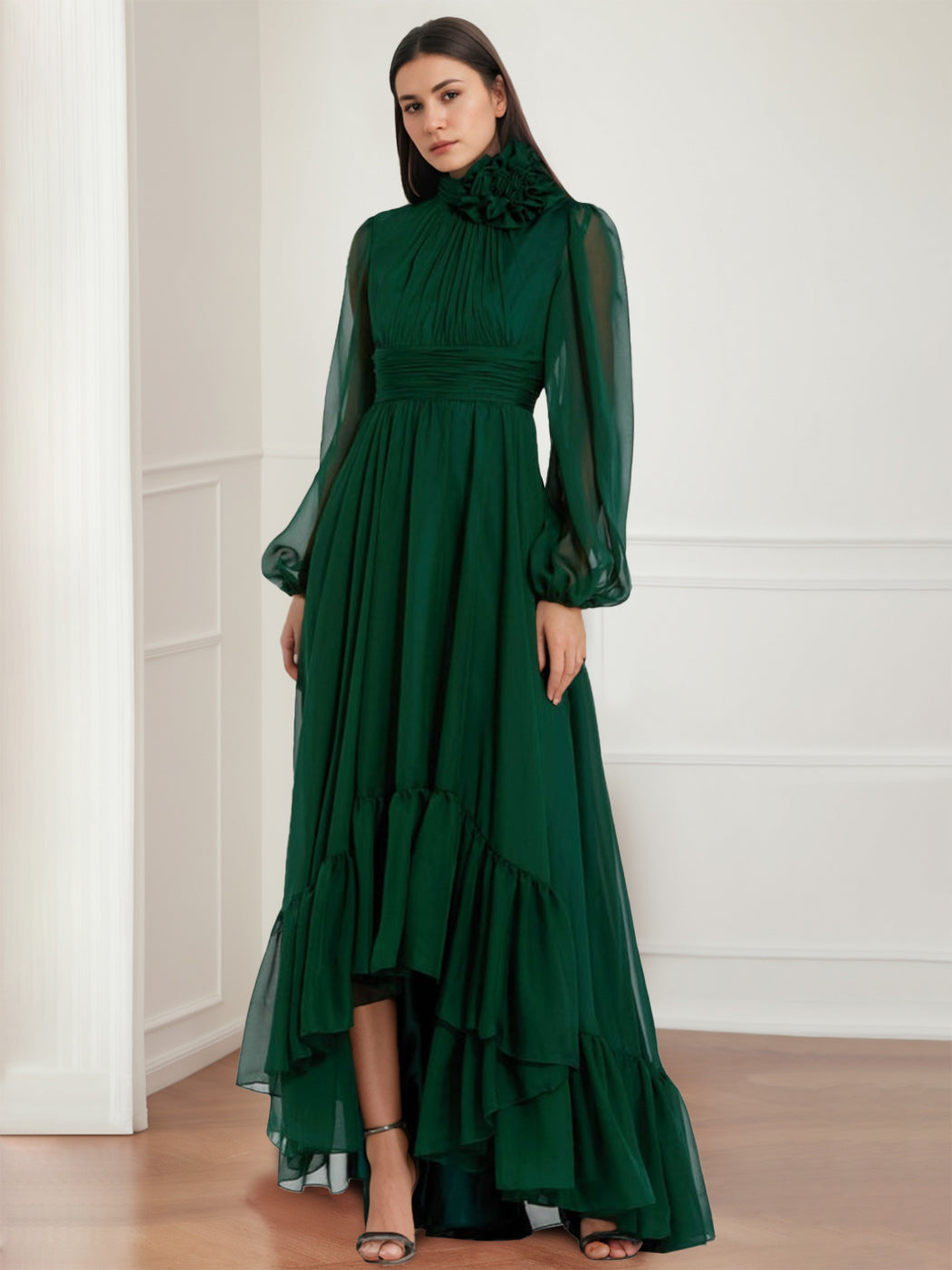 A-Line/Princess Jewel Neck Long Sleeves Asymmetrical Mother Of The Bride Dresses With Flower & Ruffles BabaMila