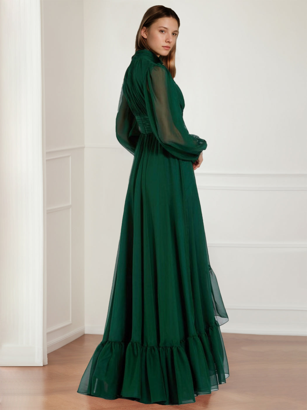 A-Line/Princess Jewel Neck Long Sleeves Asymmetrical Mother Of The Bride Dresses With Flower & Ruffles BabaMila