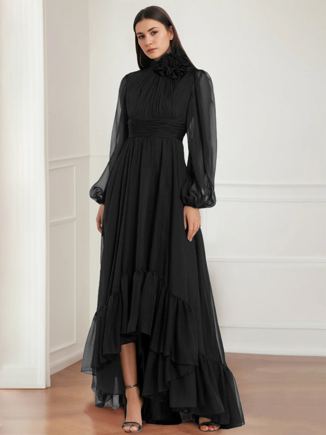 A-Line/Princess Jewel Neck Long Sleeves Asymmetrical Mother Of The Bride Dresses With Flower & Ruffles BabaMila