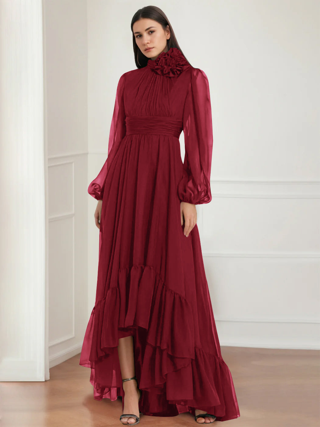 A-Line/Princess Jewel Neck Long Sleeves Asymmetrical Mother Of The Bride Dresses With Flower & Ruffles BabaMila