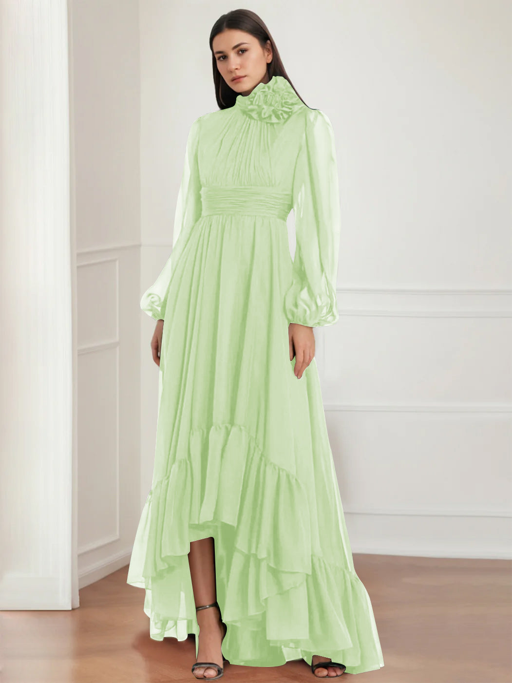 A-Line/Princess Jewel Neck Long Sleeves Asymmetrical Mother Of The Bride Dresses With Flower & Ruffles BabaMila
