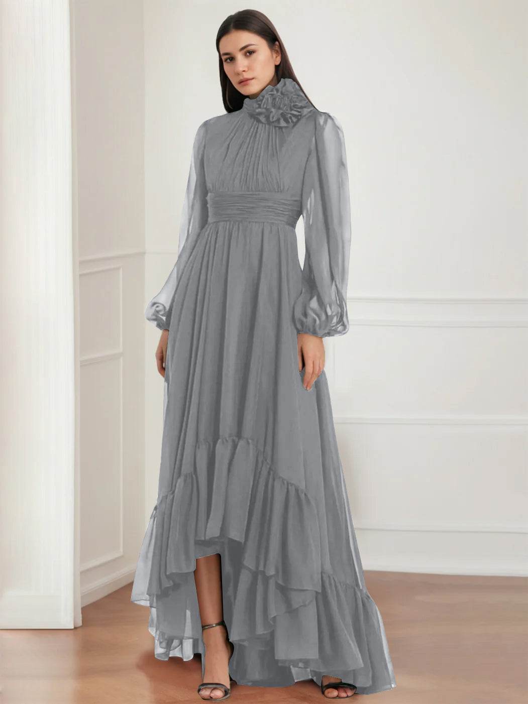 A-Line/Princess Jewel Neck Long Sleeves Asymmetrical Mother Of The Bride Dresses With Flower & Ruffles BabaMila