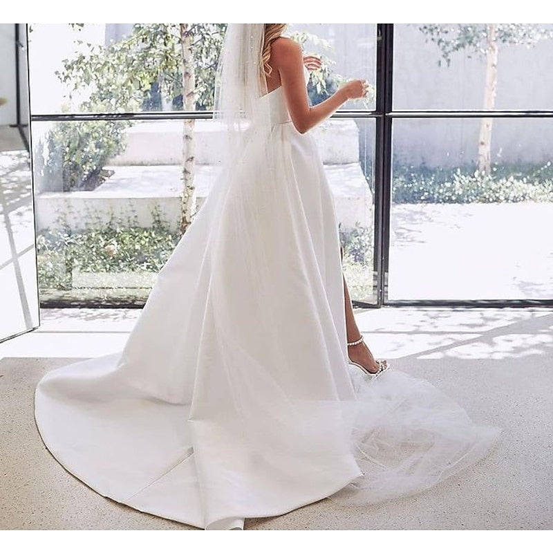 A-Line/Princess Sweetheart Wedding Dresses Court Train With Split Front BabaMila