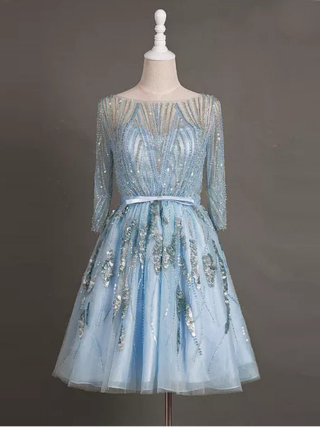 Beautiful Homecoming Dress Bateau A-line Sequins Short Prom Dress Tulle Party Dress Homecoming Dress BabaMila