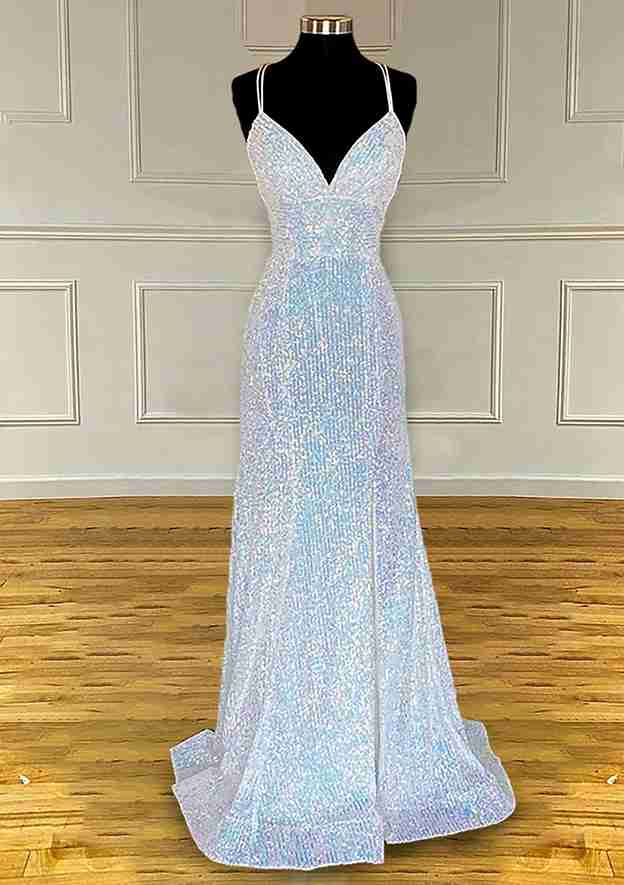 Sheath/Column V-Neck Spaghetti Straps Sweep Floor-Length Long Prom Dresses with Pleated BabaMila