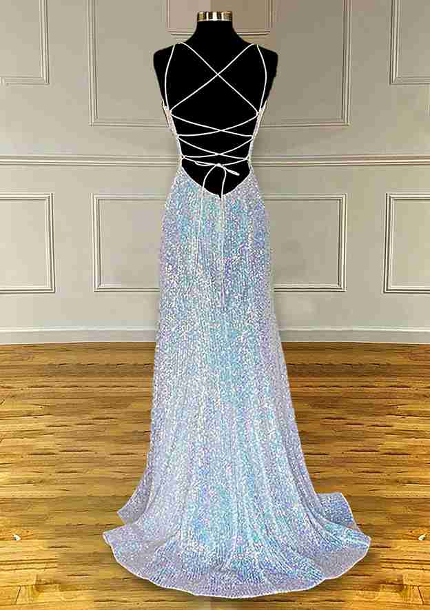 Sheath/Column V-Neck Spaghetti Straps Sweep Floor-Length Long Prom Dresses with Pleated BabaMila