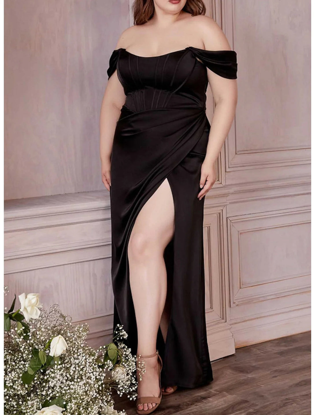 Sheath/Column Off-the-Shoulder Floor-length Plus Size Prom Dresses BabaMila