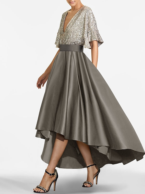 A-Line/Princess V-Neck Half Sleeves Asymmetrical Mother Of The Bride Dresses BabaMila