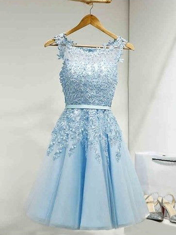 Homecoming Dress Light Sky Blue Appliques Short Prom Dress Party Dress Homecoming Dress BabaMila