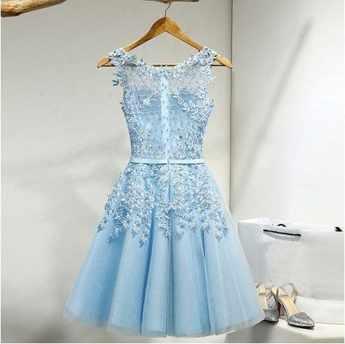 Homecoming Dress Light Sky Blue Appliques Short Prom Dress Party Dress Homecoming Dress BabaMila