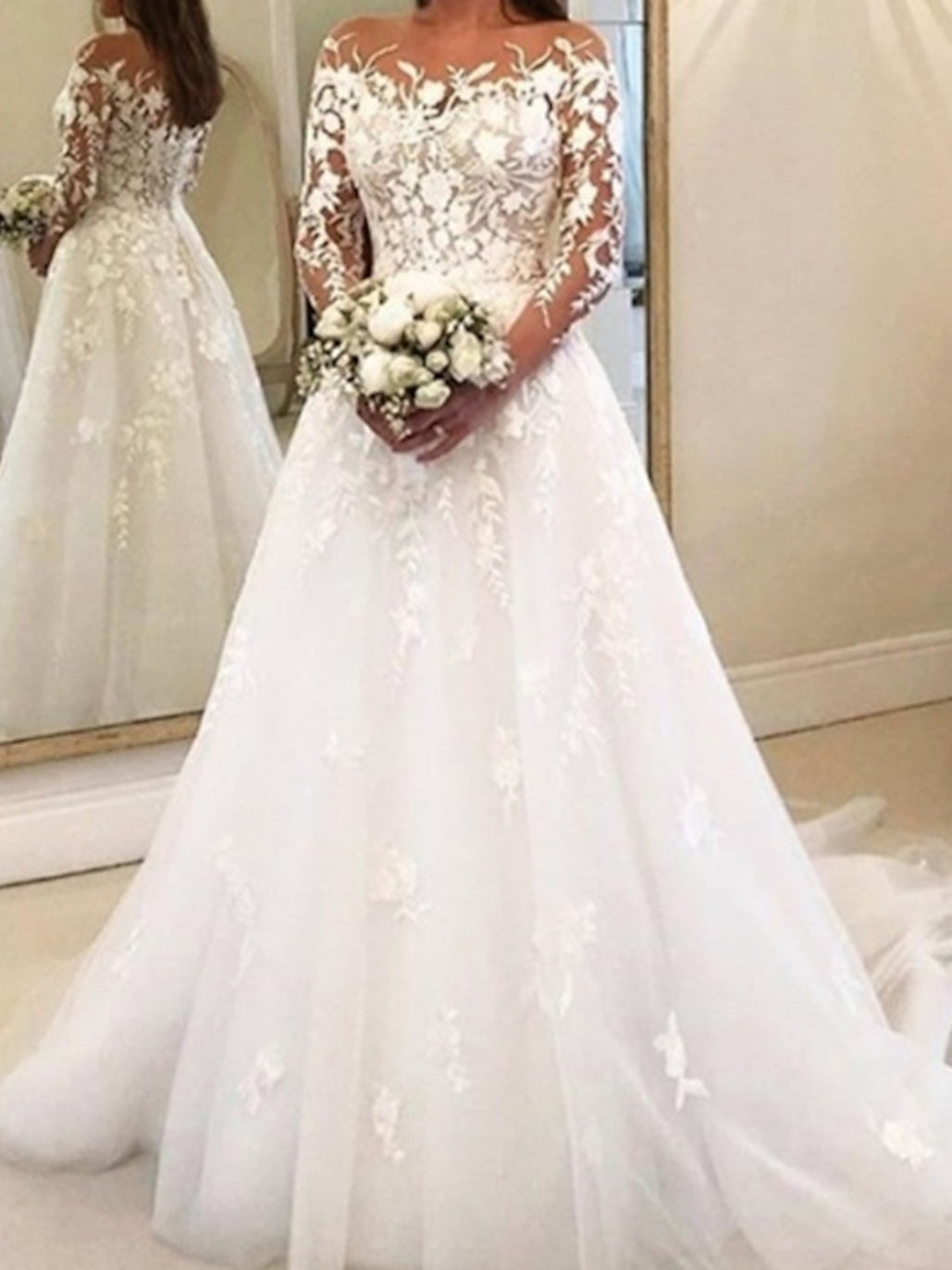 Ball Gown Off-the-Shoulder Wedding Dress Long Sleeves with Appliques BabaMila