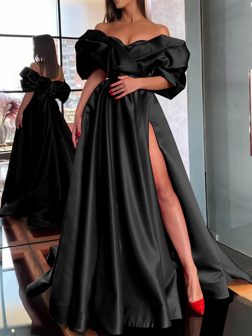 A-Line/Princess Off-the-Shoulder Evening Dresses Floor-length Prom Party With Split Side BabaMila