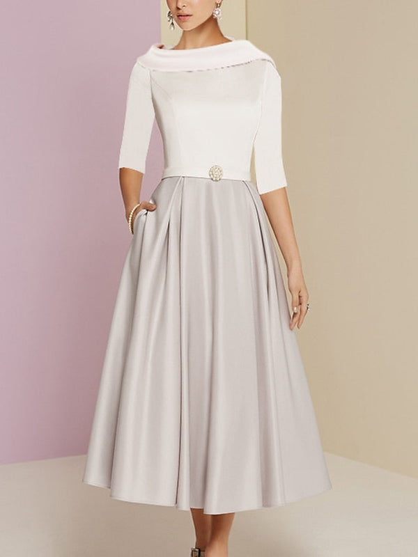 A-Line/Princess Jewel Neck Half Sleeve Tea Length Mother Of The Bride Dresses With Pockets Pleats BabaMila