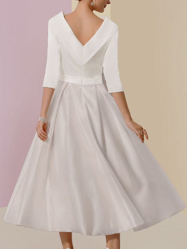 A-Line/Princess Jewel Neck Half Sleeve Tea Length Mother Of The Bride Dresses With Pockets Pleats BabaMila
