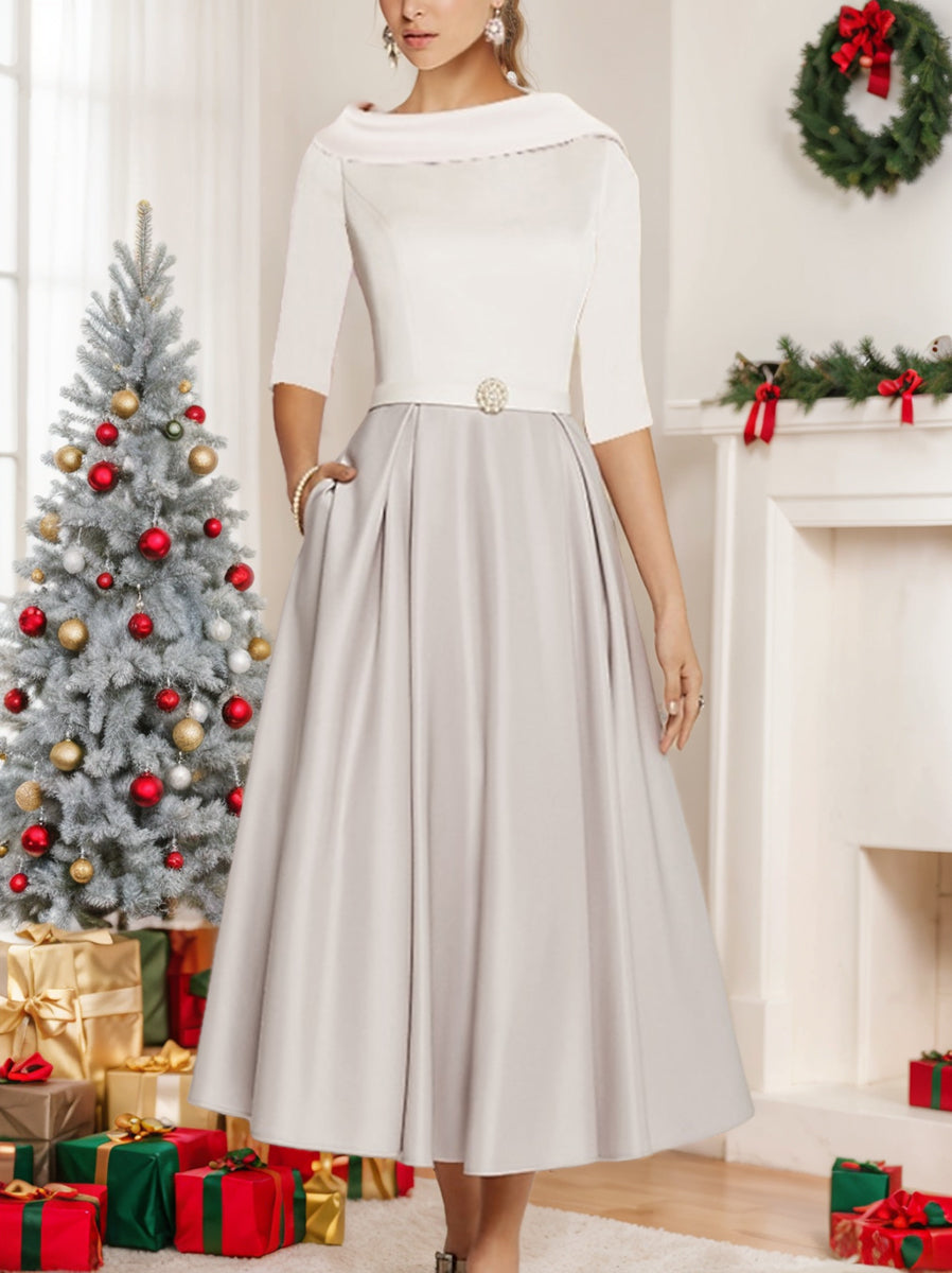 A-Line/Princess Jewel Neck Half Sleeve Tea Length Mother Of The Bride Dresses With Pockets Pleats BabaMila