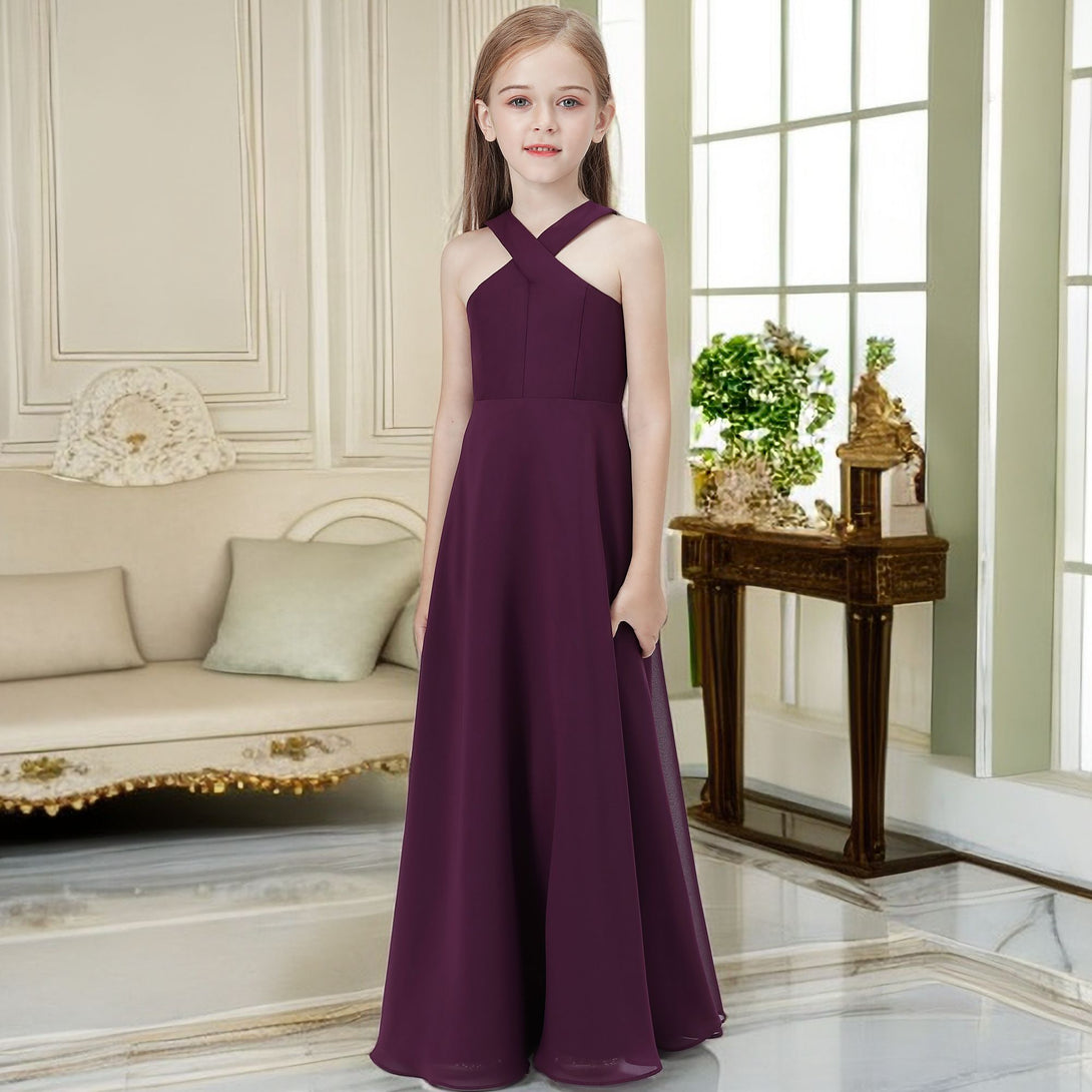 Halter Simple Chiffon Floor-Length Junior Bridesmaid Dress/Girls Birthday Dresses Gidiondress