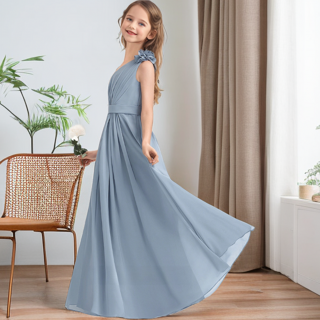 One-Shoulder Sleeveless Floor-Length Chiffon Junior Bridesmaid Dress/Girls Birthday Dresses With Pleated/Belt/3D Flower Girls Gidiondress
