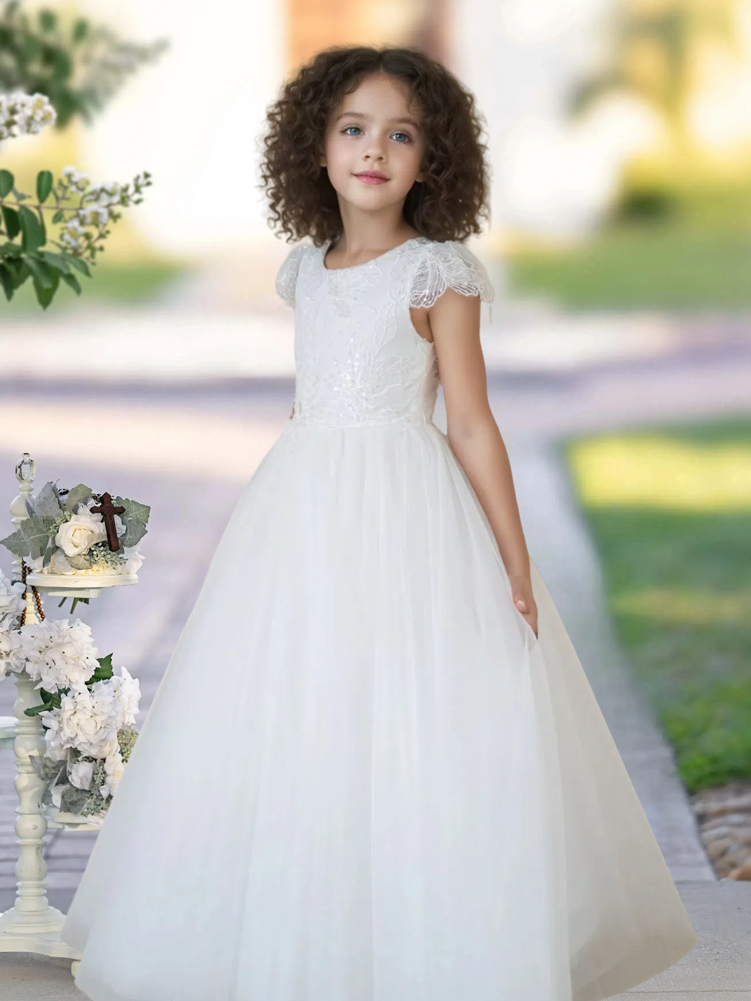 Flower Girl Dresses/Ball Gown Cap Sleeve Floor-Length Satin/Lace/Tulle First Communion Dresses Gidiondress