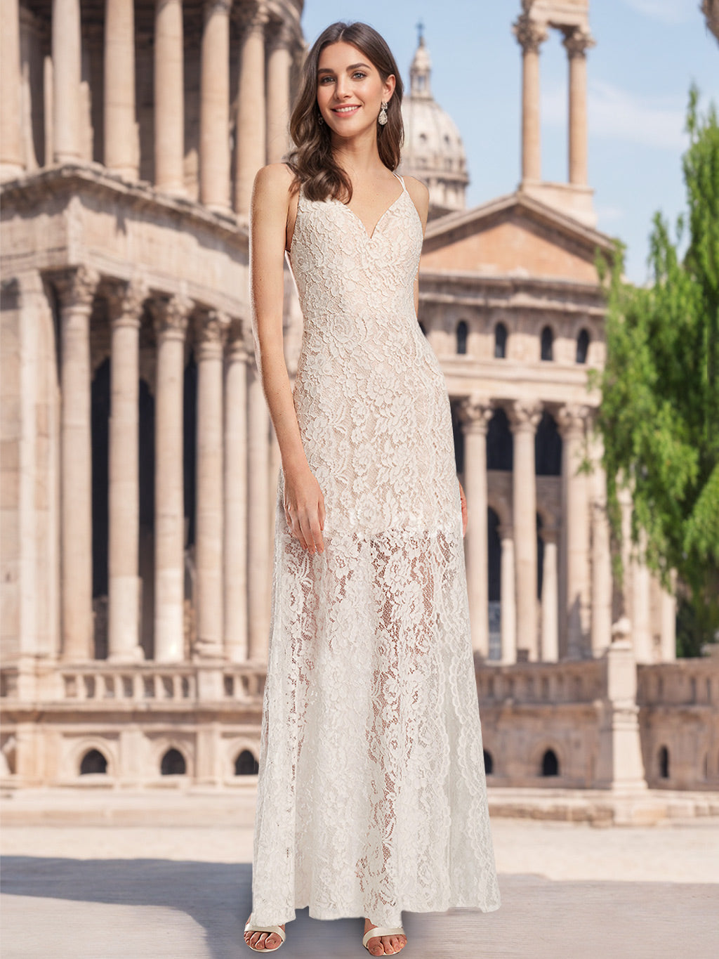 A-Line/Princess Spaghetti Straps V-Neck Sleeveless Floor-Length Wedding Dress with Lace Appliques BabaMila