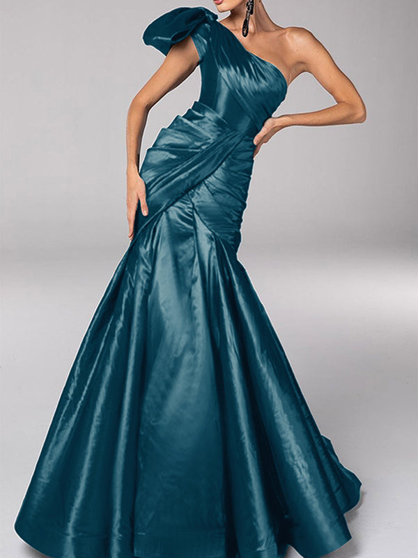 Mermaid/Trumpet One-Shoulder Sleeveless Sweep Train Satin Bow(s) Evening Dresses BabaMila