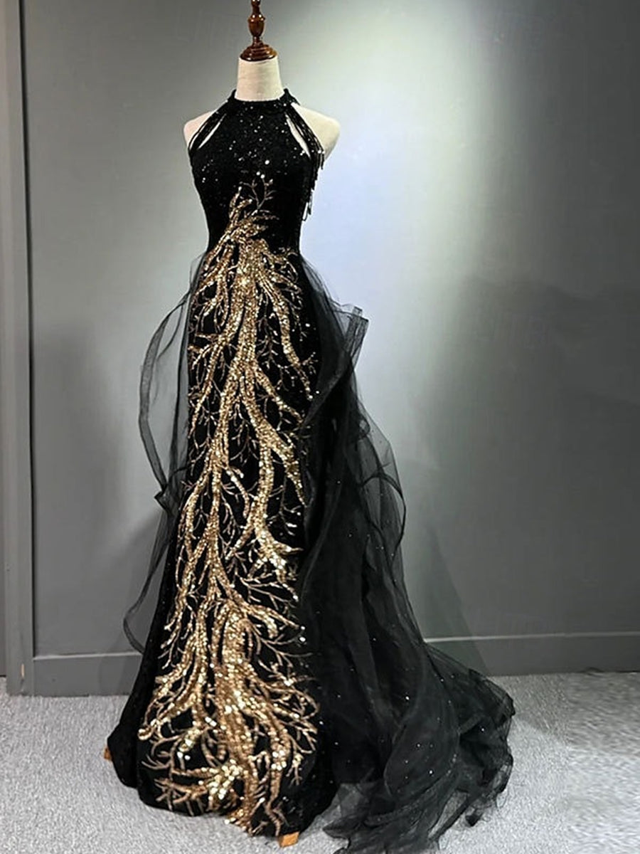 A-Line/Princess Halter Sleeveless Tulle/Sequins Black Gold Sweep Train Evening Dresses with Appliques/Beads BabaMila
