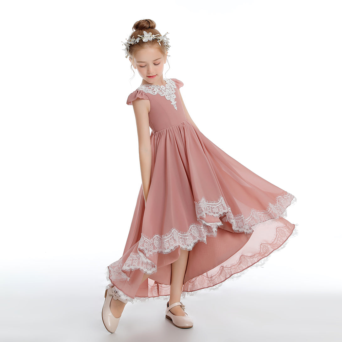 Asymmetrical Cap Sleeve Scoop Neck Cute Ankel-Length Lace/Chiffon Junior Bridesmaid Dress With Appliques Gidiondress as picture 12M