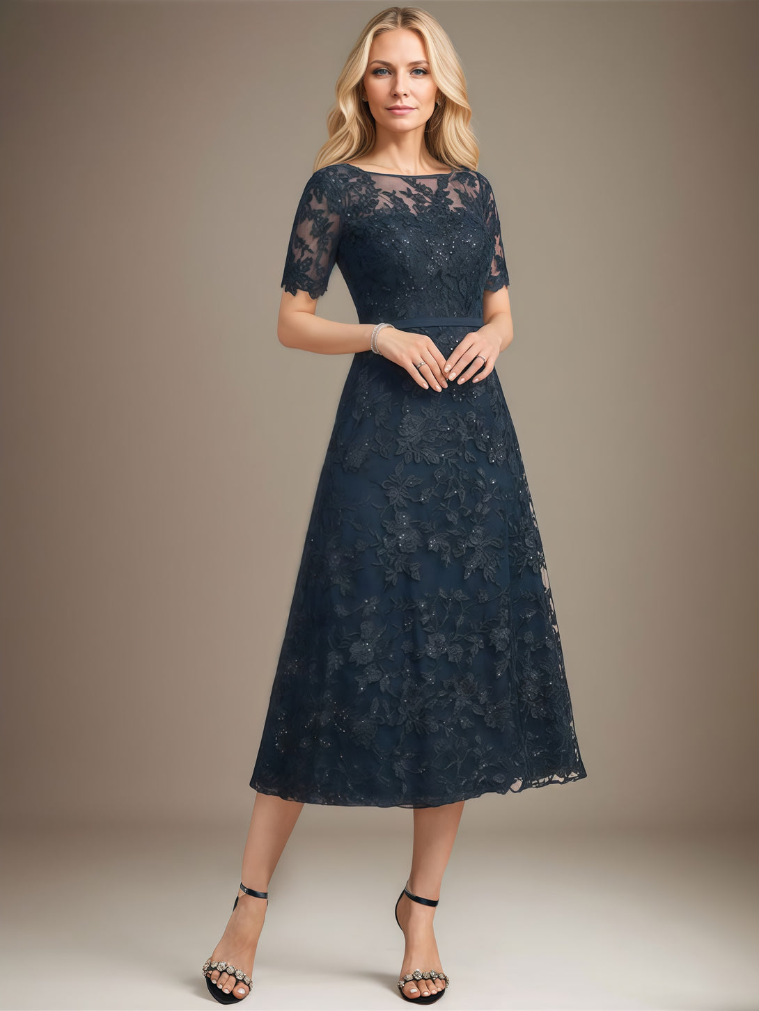 A-Line Scoop Neck Short Sleeve Illusion Tea-Length Sequins/Lace Mother of the Bride Dress With Appliques/Belt BabaMila