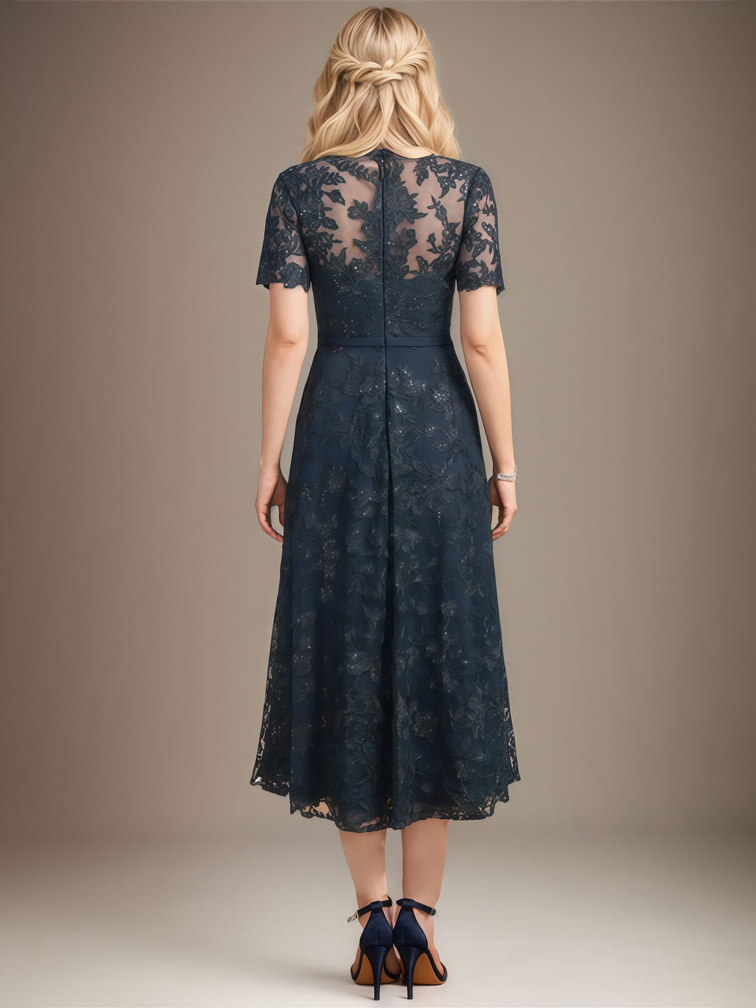 A-Line Scoop Neck Short Sleeve Illusion Tea-Length Sequins/Lace Mother of the Bride Dress With Appliques/Belt BabaMila